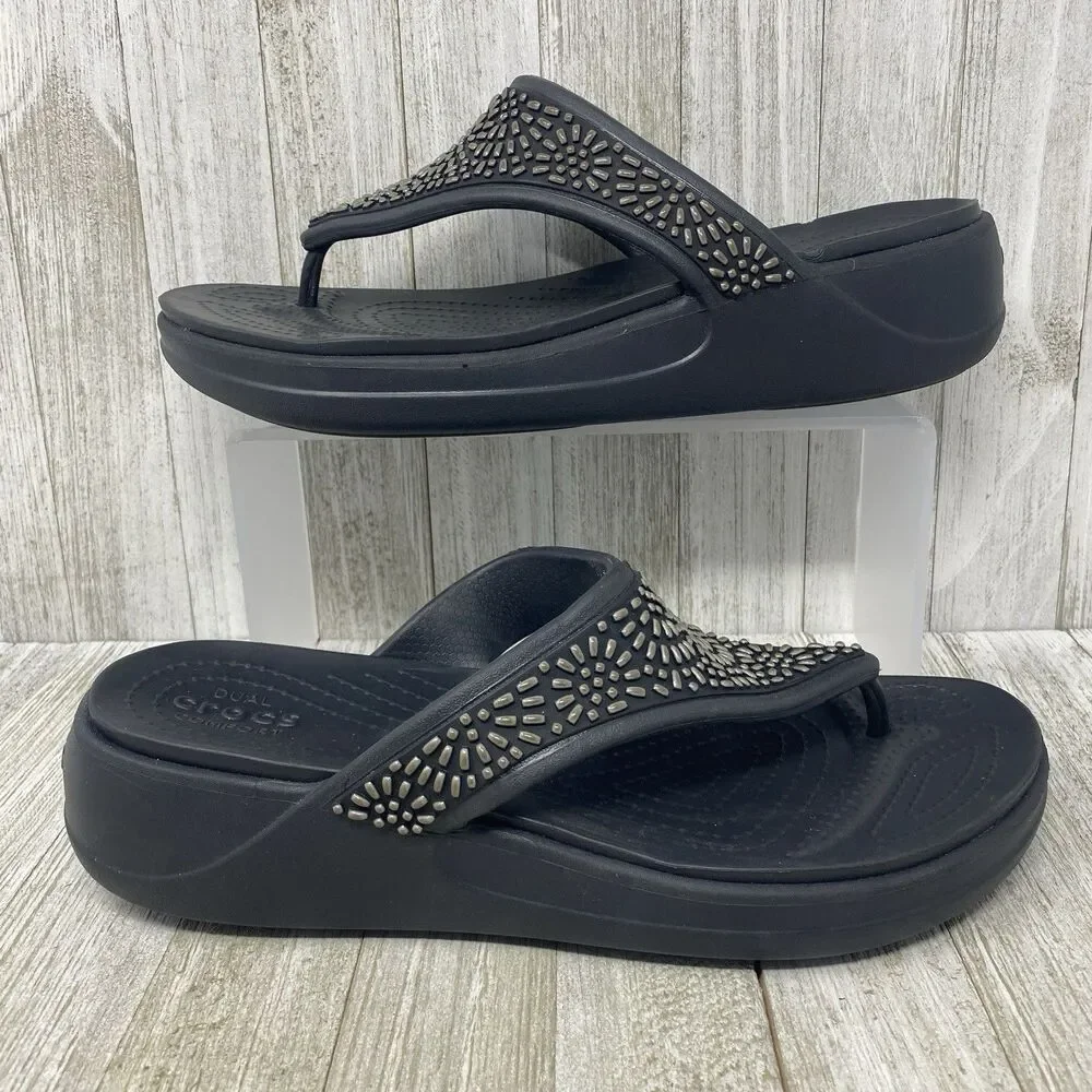 Crocs Sandals Womens 10  Flip Flops Wedge Dual Comfort Monterey Diamante Black - Picture 10 of 11